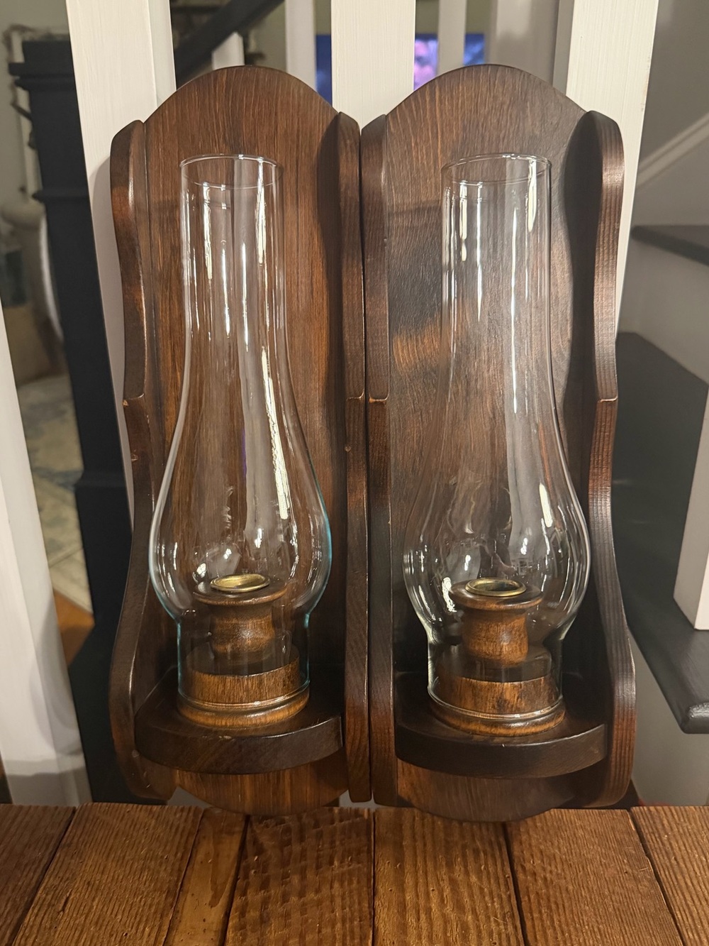 Pair of Vintage Wooden Farmhouse Wall Lantern Sconces with Glass Chimneys